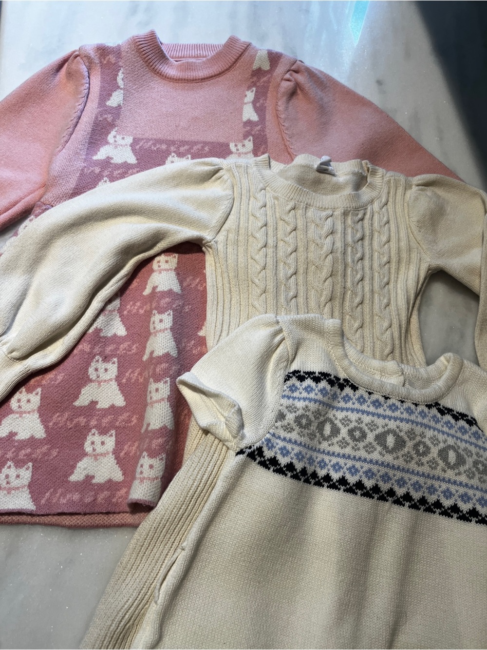 Girls Toddler Knit Sweater Dresses: Pink, Cream Cable & Cream Patterned Accents
